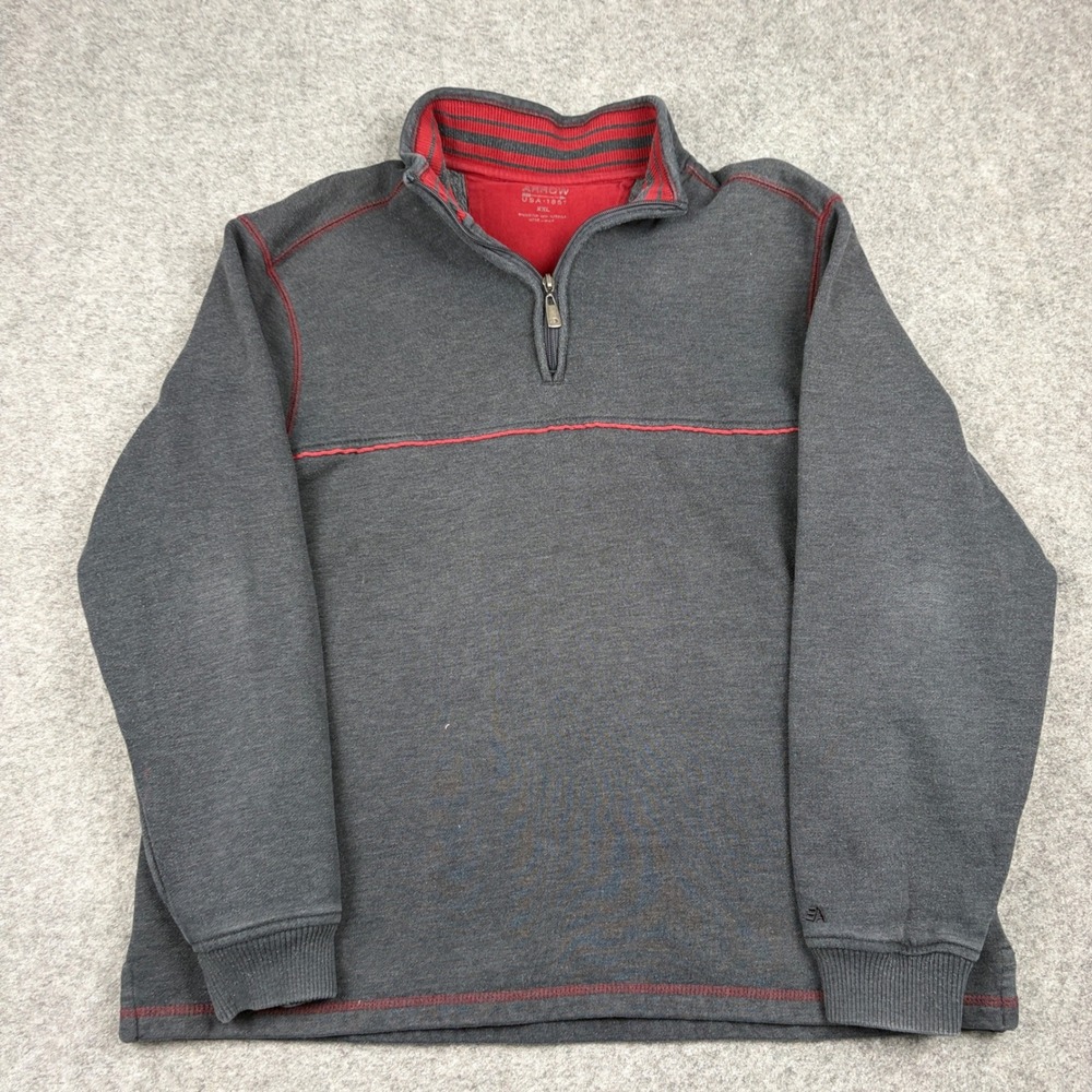 Arrow Quarter Zip Pullover Mens XXL Charcoal Gray Red Contrast Stitch Sweatshirt - Picture 2 of 9